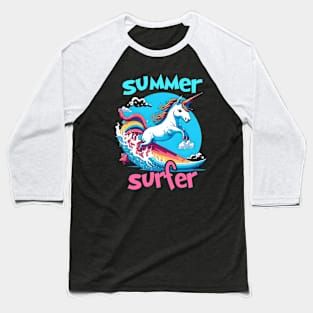 Summer Unicorn Surfer Baseball T-Shirt